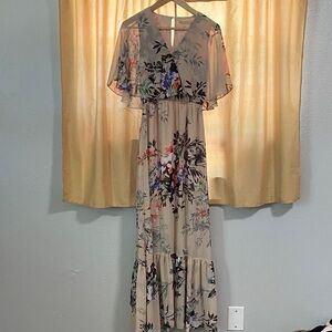 Gianni Bini Floral Maxi Dress with Capelet Detail - Beige